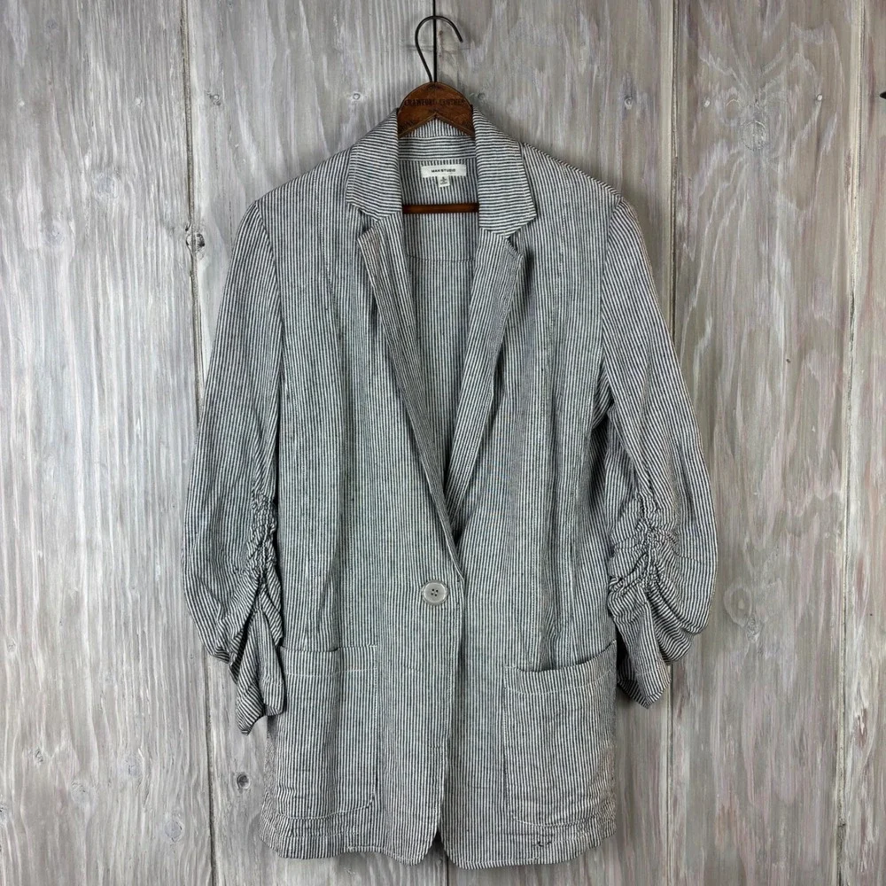 MAX STUDIO Striped Blazer Women's Size Small Ruched Sleeve Linen Blend Nautical